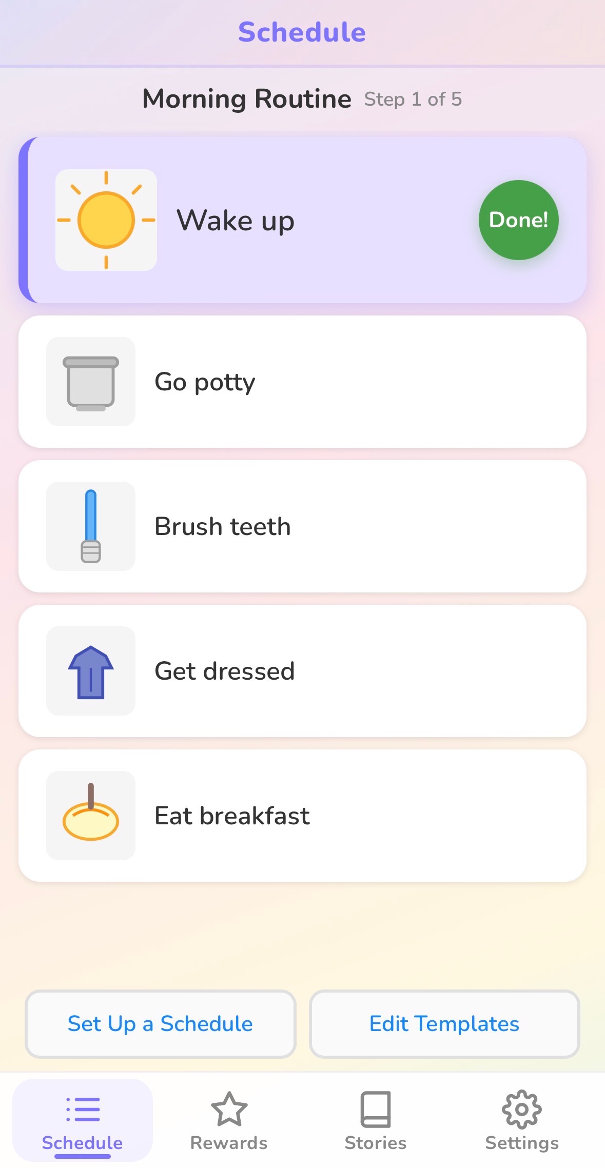 Guiding Steps morning routine schedule with step-by-step progress